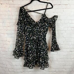 FRANCO black floral chiffon lined polka dot frill straps one shoulder dress S